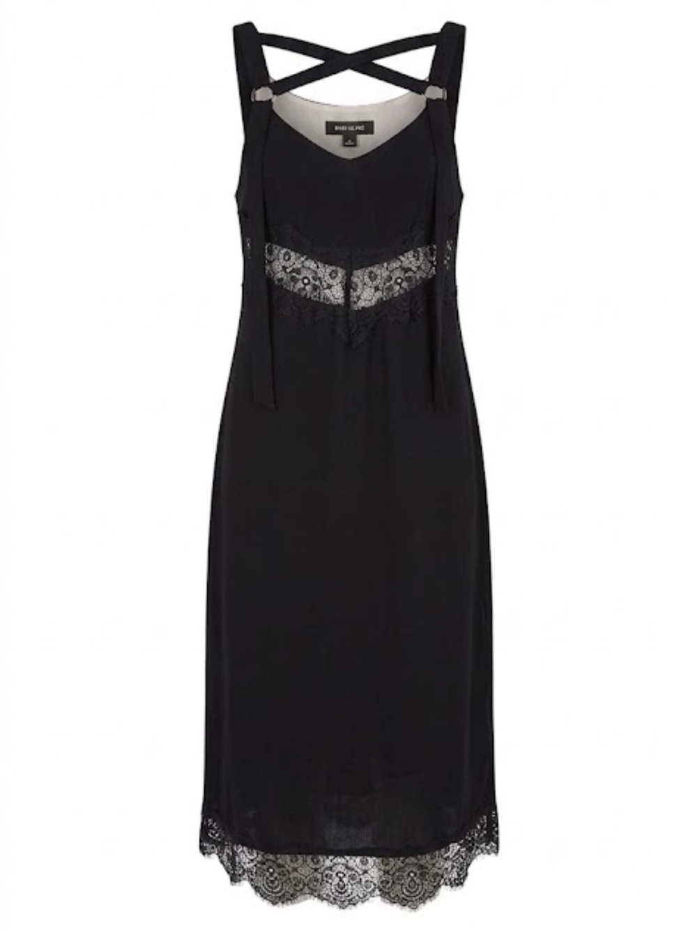 Black Lace Trim Midi Dress Crisscross Straps O-Ring Deta